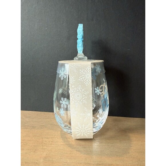 Stemless Wine Glass & Bottle Stopper NEW Blue Snowflake Art Glass "Let It Flow" - Picture 4 of 5